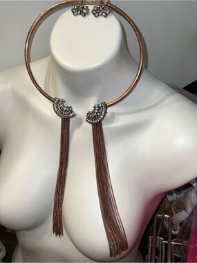 Crystal Accent RoseGold Tassel Collar Necklace & Earring set ANGELUS COLLECTION